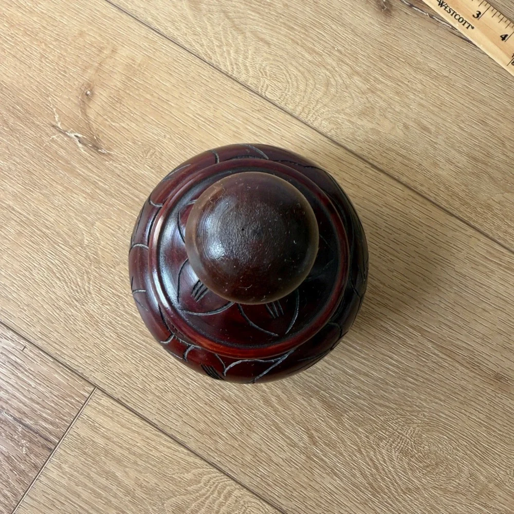 Vintage Hand Carved Wooden Jar with Lid Floral Etched Decorative Vessel Brown